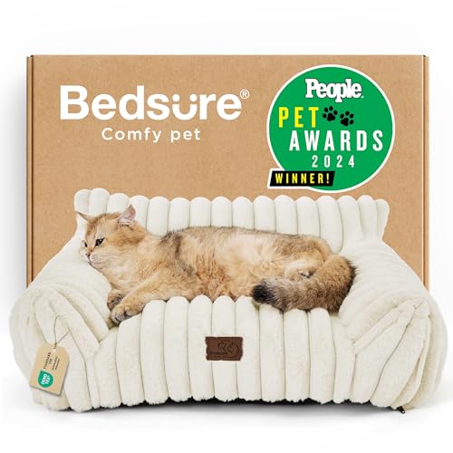 Bedsure ComfyFleece™ Cute Cat Couch for Pets - As Seen on TV on Good Day New York, Fluffy Cats beds for Indoor Cats with Removable Washable Cover, Supportive Pet Sofa, 24inch, Cream