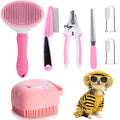 Qubccum 7 Pcs Cat Dog Brush Grooming Kits, Self-Cleaning Slicker Brush, Pet Nail Clipper and File, Flea Comb, Pet Shampoo Bath Brush, Pet Finger Toothbrush, Storage Bag (Pink)