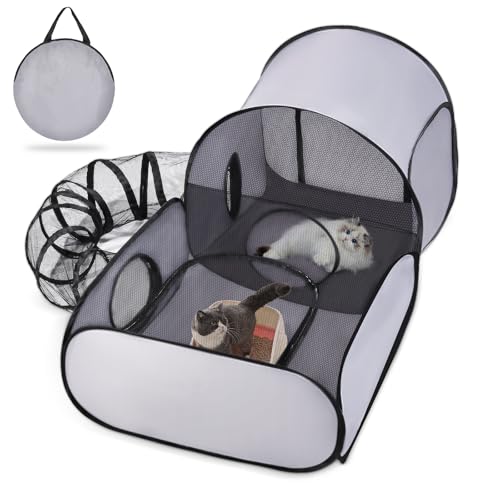 Tailtastic Pet Playpen with Surround Tunnel, Outdoor/Indoor Cat Playpen with Breathable Soft Sides，Tailtastic Cat Enclosure Tent for Small Animals, Portable Tent with Carry Bag (Medium)