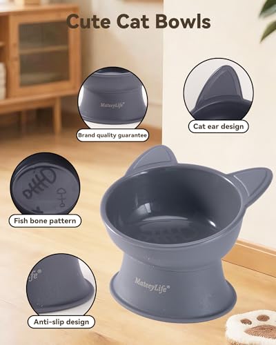 MateeyLife Elevated Cat Bowls, 2P Raised Food and Water Bowl Set for Indoor Cats & Small Dogs, Whisker Fatigue Cat Bowl, Anti Vomit Feeding Pet Bowls, 6 oz Each, Dishwasher Safe - White & Grey