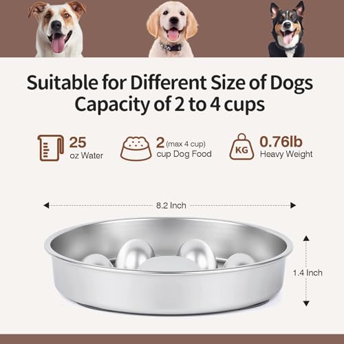Slow Feeder Dog Bowl for Fast Eating Dogs Stainless Steel Heavy Duty 8.2" with Non-Slip Base, Raised Obstacle Slow Down Eating for Small Medium Large Dogs, Reduces Bloat & Indigestion, Dishwasher Safe