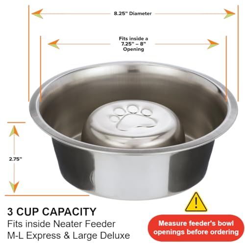 Neater Pet Brands Stainless Steel Slow Feed Dog Bowl for Fast Eating Large Breed, Metal Slow Feeder Dog Bowl Fits in Large Neater Feeders, for Puppy or Dogs (>40 lbs), 3 Cup Food Capacity