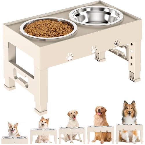 Elevated Dog Bowls with 2 Stainless Steel Bowls, 5-Height Adjustable Stand (3.1", 9" to 12"), for Improved Digestion & Neck Support, Easy Clean, Non-Slip Base Raised Feeder for Medium Large Dogs