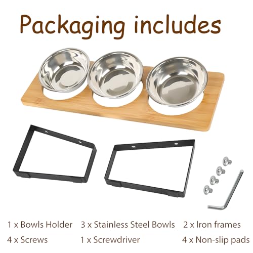 Elevated Cat Bowl, 15° Tilted Cat Bowl Stand with 3 Stainless Steel Bowls for Indoor Cats and Pet, Raised Cats Bowls for Food and Water