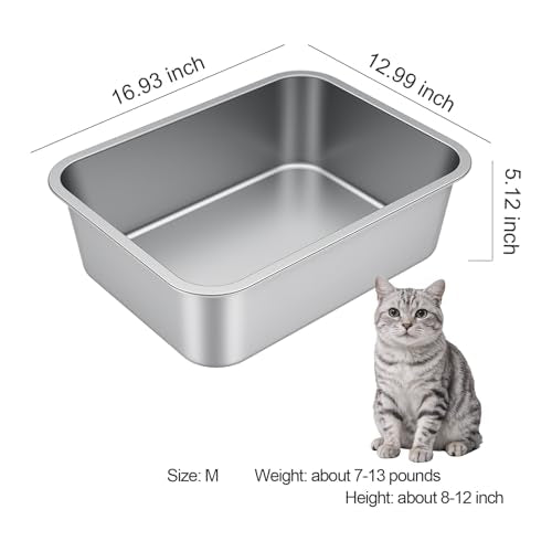 Idymere Stainless Steel Litter Box with High Sided, Metal Cat Litter Box, Odor-Free, Non-Stick Litterbox Pan, Easy to Clean Pet Supplies Toilet Tray for Indoor Cats, Kittens or Multicat Homes
