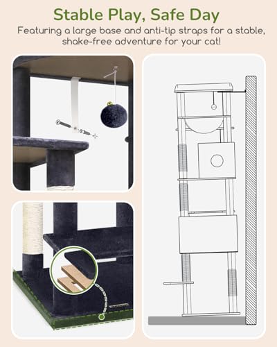 Globlazer Heavy Duty Cat Tree, 74in Sturdy Cat Tower for Large Cats Adult, Big Cat Tree with 7 Sisal Scratching Posts, 2 Padded Condos, 2 Dual-Ear Hanging Baskets, Enlarged Top Perch, S74, Dark Grey