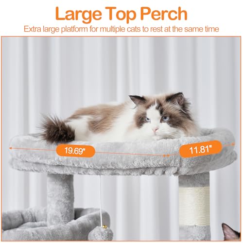 Heybly Cat Tree, 71-Inch-Tall Tower for Indoor Cats with 2 Perches, 2 Big Condos, 2 Hammocks, Basket, Scratching Pad, Large Cat Furniture and Condo, Light Gray HCT034W