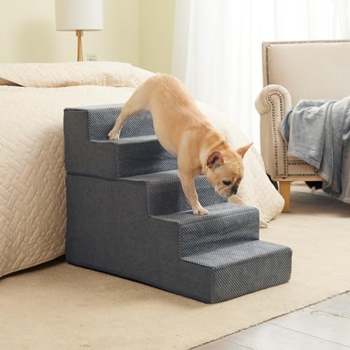 EHEYCIGA Dog Stairs for High Bed 22.5" H, 5-Step Dog Steps for Bed, Pet Steps for Small Dogs and Cats, Non-Slip Balanced Pet Ramp Indoor, Grey