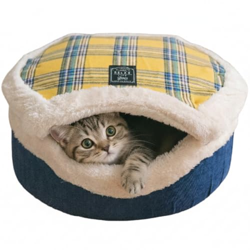 Urnat Cat Bed Cave – Enclosed Hideaway with Detachable Lid & Mat, Covered Round House for Indoor Kitten & Kitty (Yellow)