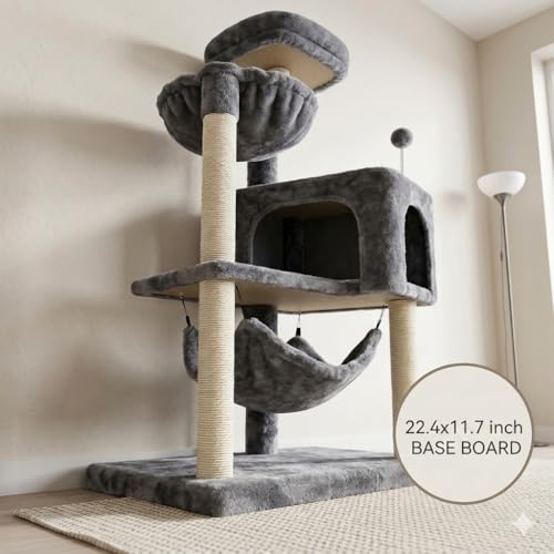 YUNIQUE Cat Tree with Cat Condo and Big Hammock, Grey