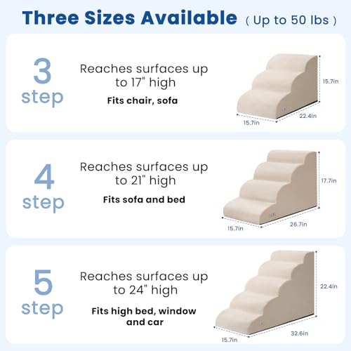 Airpanda Dog Stairs for Small Dogs and Cats – 3 Step Pet Ramp for Couch & Sofa, Non-Slip Dog Steps for Pets, Washable Cover, High-Density Support Foam for Easy Climbing,Beige