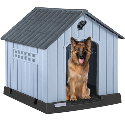 PUKAMI Large Dog House Outdoor Indoor, Plastic Dog House Weatherproof for Large Dogs, Sturdy Puppy Shelter with Air Vents and Elevated Floor, Easy Clean and Assemble (Grey, 37.2" D x 40" W x 40" H)