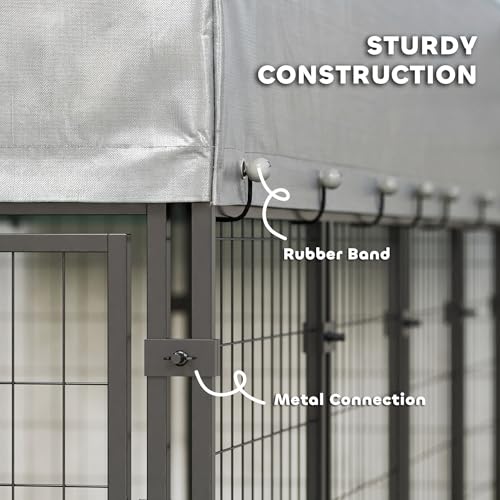 PawHut 8' x 4' x 6' Outdoor Dog Kennel, Welded Wire Dog Kennel Outside Run with 360° Rotating Bowls, Waterproof & UV Resistant Cover, for S&M&L Breeds, Chickens, Ducks, Silver