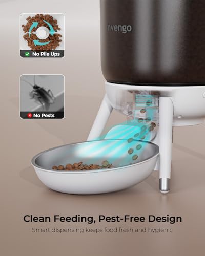 Invengo Automatic Cat Feeder, 3L Timed Pet Feeder for Cats & Small Dogs, Dual Power USB & Battery, Clear Hopper, Easy-Clean, Dry Food & Kibble, Up to 6 Meals Daily