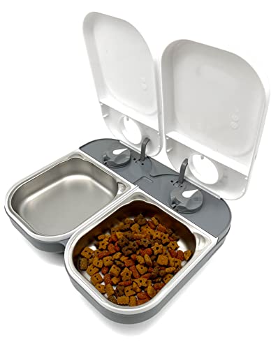 Closer Pets C200 2 Meal Timer-Controlled Automatic Pet Feeder - for Cats and Small Dogs, Wet or Dry Food, Stainless Steel Bowl Inserts and Ice Pack, up to 14 oz Each, White