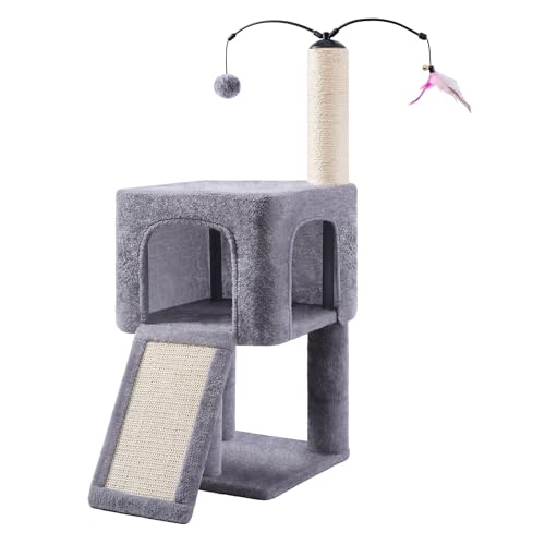 Roypet 32" Cat Tree for Indoor Cats, 2-in-1 Cat House with Sisal Scratching Post & Ramp, 2-Level Cat Tower with Rotatable Feather & Ball Toys, Stable Grey Cat Condo for Small/Medium Cats, Grey