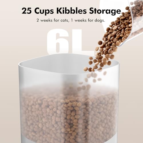 Automatic Cat Feeder for 2 Cats, 6L/25 Cup Large Capacity WiFi Pet Feeder with 2 Stainless Steel Bowls, Dual Power Supply, APP Control, 10s Voice Recorder, Timed Dry Food Dispenser for Multiple Pets