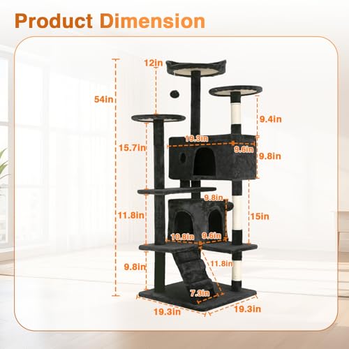 FDW | 54" Cat Tree Tower | Dark Gray | Multi-Level Indoor Activity Center with Sisal Scratching Posts, Condos, Plush Perches, Hanging Cat Toys | Sturdy, Easy to Assemble | for Kittens & Adult Cats