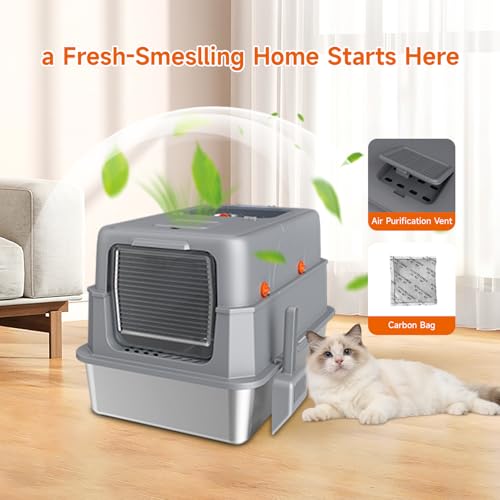 KISENG Stainless Steel Litter Box with Lid, High Sided Enclosed Metal Litter Box for Big Cats, Easy Cleaning Anti-Urine Leakage, Non-Sticky Cat Box, Front Entry Top Exit KittyBox, Includes Mat & Scoop