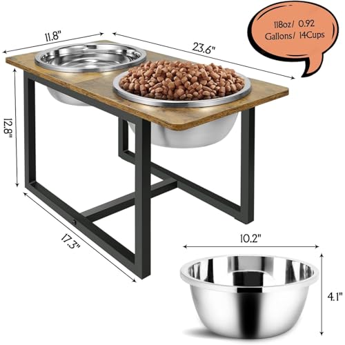 Elevated Dog Bowls for Large Dogs, Raised Dog Bowl Stand with Two X-Large Stainless Steel Bowls for Dogs, 3.5L Capacity, Rustic Brown