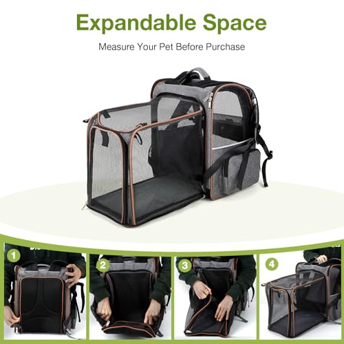 Lekebobor Cat Carrier Backpack, Expandable Pet Carrier with Sun Shade & Full Front Opening, Breathable Mesh Backpack for Small Dogs & Medium Cats Up to 18 Lbs, Foldable for Hiking, Camping (Grey)
