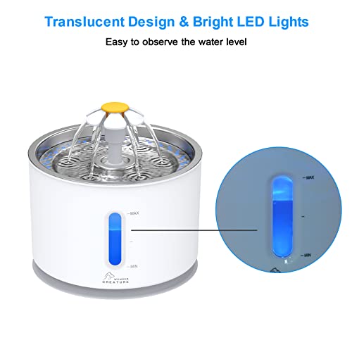 Wonder Creature Cat Water Fountain with Stainless Steel Lid, 2.4L/81oz Automatic Cat Fountain with LED Light and Water Level Window for Cats and Dogs