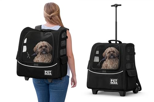 Pet Gear I-GO2 Plus Traveler Roller Backpack, Travel Carrier, Car Seat for Cats/Dogs, Mesh Ventilation, Included Tether, Telescoping Handle, Storage Pouch, Dark Charcoal Plus