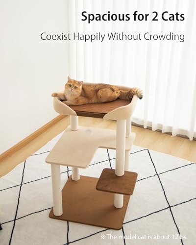 PETTIFUL Cat Tree for Large Cats, Modern Senior Friendly Cat Tower with Wide Shelves, Cotton Scratching Posts, Super Sturdy Base, Cozy Perches, and Interactive Toys for Indoor Kittens, 37.4'' Cream.