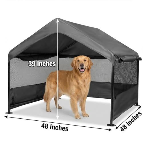 Yokaniwa Dog Tent House Outdoor Shade 4'x4'x3' Shelter for Large Medium Pets,Outside Sun Rain Waterproof Canopy with Three-Sided Breathable Mesh Windows,Livestock House with Ground Nails,Dark Gray