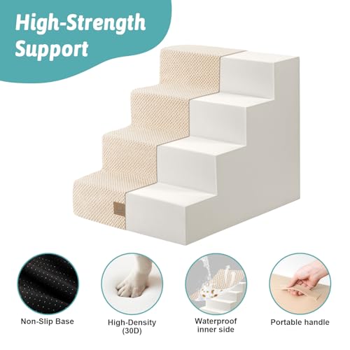 COZY KISS Dog Stairs for Small Dogs, 4 Tier Wider Pet Stairs for Couch and Beds, 17.7" H Non-Slip Dog Steps for Old Cats, Puppy, Small Medium Dogs, 17.7x23.6x17.7 inch, Beige