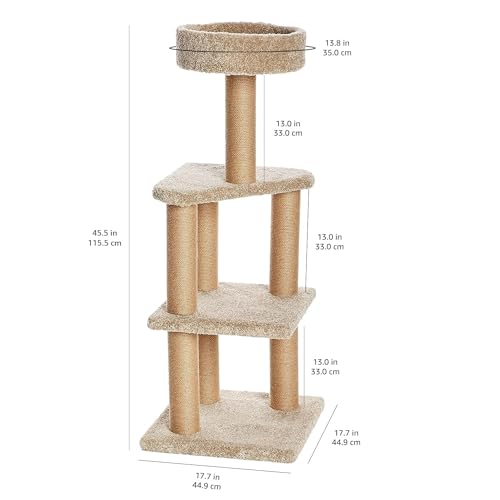 Amazon Basics Cat Tree Tower - Multi-Level Climbing Activity Center for Indoor Cats & Kittens with Scratching Posts, Platform, Jute Rope, Large (45.9"H), Beige