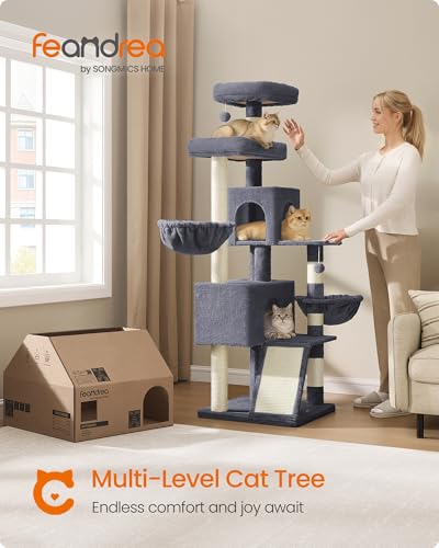 Feandrea Cat Tree, 68.5-Inch Tall Cat Tower, Multi-Level Plush Condo with Large Perch, Scratching Posts, Double Caves, Dark Gray UPCT006G02