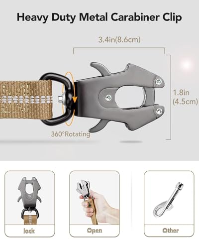 Joytale Tactical Dog Leash Heavy Duty, 4-6FT Shock Absorbing Bungee Lead with 2 Padded Handle, Metal Carabiner Clip, Car Seatbelt, Strong No Pull Leash for Medium Large X-Large Dogs, Coyote Brown