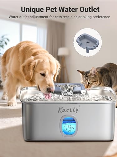 Kastty 4 Gal Dog Water Fountain for Large Dogs,15L Stainless Steel Dog Water Bowl Dispenser Triple Filtration,Ultra Quiet Automatic Pet Water Fountain with Water Level Window and LED Light(FS76)