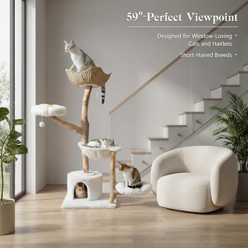 MUTTROS 59" Modern Cat Tree Tower for Large Cats w/2 Flower Perches-Natural Solid Wood Scratching Post with Real Branch-Luxury Boho Cat Furniture w/Condo & Wicker Basket Bed, Cloud White