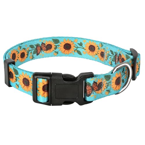 HEELE Dog Collar, Adjustable Soft Dog Collar for Small Medium Large Dogs,Sunflower Floral Patterned Puppy Collars with Quick Release Buckle Sunflower Green S Length 9.84''-14.96'
