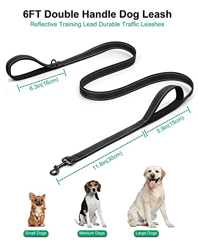 Heavy Duty Dog Leash with 2 Handles - 6ft Reflective Anti-Pull Leash for Large Dogs, Padded Traffic Handle for Control, Durable Nylon Training Lead (Black)