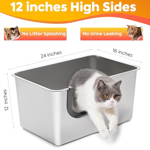 Yangbaga Extra Large Stainless Steel Litter Box, Leak Proof 12 Inches High Sides for Urine & Litter Trapping, Easy Entry for Kittens, Older Cats,Non-Stick,Non-Slip,No Sharp Edges