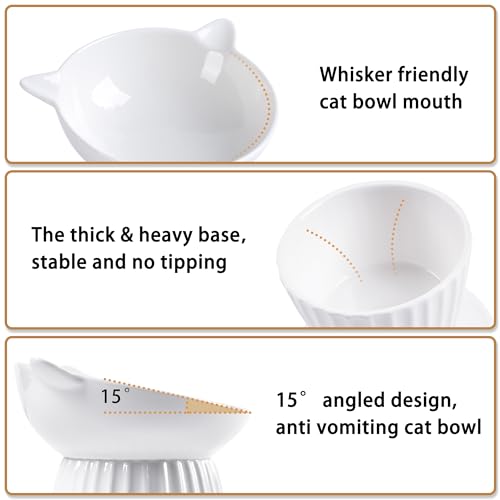 Wellbro Ceramic Raised Cat Bowl，Tilted Raised Bowl Anti Vomit Bowls for Indoor Cats Whisker Friendly Pet Feeder for Cats Puppies, Microwave and Dishwasher Safe