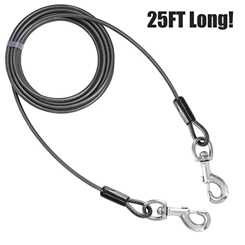 BV Dog Tie Out Cable 25 Feet - Heavy Duty Dog Lead Up to 250 Pounds - Reflective & Rust-Free with Quick Release Swivel Clips & 360° Rotating Clasp - Tangle-Free Dogs Runner for Yard (Grey, Single)