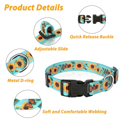 HEELE Dog Collar, Adjustable Soft Dog Collar for Small Medium Large Dogs,Sunflower Floral Patterned Puppy Collars with Quick Release Buckle Sunflower Green S Length 9.84''-14.96'