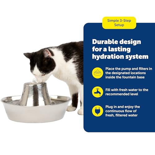 PetSafe Seaside Stainless Steel Cat & Dog Fountain, 60 Oz Water Capacity - 2 Water Filters & 1 Pump Included, Soothing Flow for Pets, Scratch-and Rust-Resistant Material - Quiet Motor