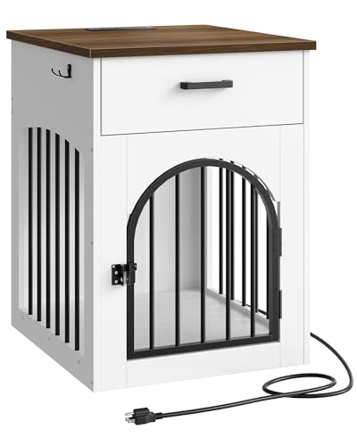 CHOEZON Dog Crate Furniture, Wooden Dog House with Charging Station and Storage Drawer, Indoor Pet Crate End Table for Small Breeds, Dog Kennel for Living Room, Bedroom, White and Walnut MGW01UWL