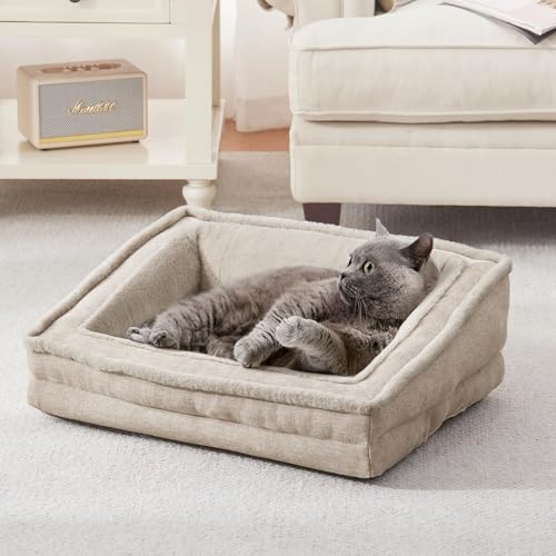 Laojin Balhen Cat Couch for Pets, Washable Cat Beds for Indoor Cats, Super Soft Plush Supportive Dog Couch Bed for Puppy and Kitten with Anti-Slip Bottom, 24inch, Beige