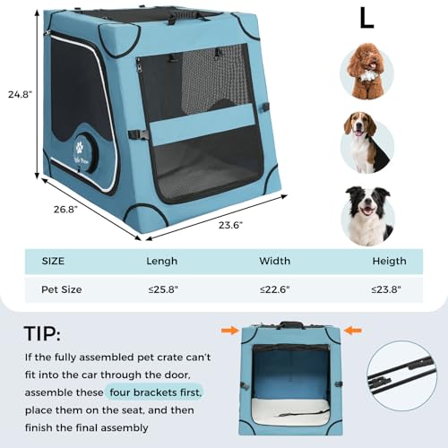 Snagle Paw Portable Dog Crate for Car Travel,Metal Frame Pet Crate,Pet Carrier for Car Back Seat Secures with Headrest Strap and Seatbelt,L