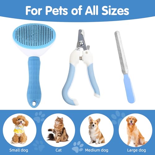 Aglads 3PCS Cat Rabbit Bunny Dog Grooming Kit, Self-Cleaning Slicker Cat & Dog Brush for Shedding, Fine-Needle Comb, Pet Nail Clipper & File for Long/Short-Haired Pets, Easy to Remove Loose (3, blue)