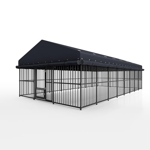 10x20x6 FT Dog Kennel, Outdoor Dog Enclosure with Roof for Large Dogs, Heavy Duty Metal Outside Dog Fence with Triple Safety Locks Secure Dog Cage