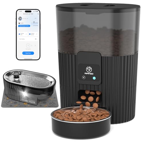 PAPIFEED Automatic Cat Feeder and Water Fountain Stainless Steel, Auto Cat Food & Water Dispenser, Quiet Pet Drinking Fountain with LED, Timed Cat Feeder with App, 10 Meals/Day, Smart Cat Feeder Set