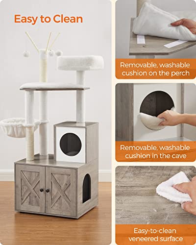 Feandrea Cat Tree with Litter Box Enclosure, 59-Inch Modern Cat Tower, 2-in-1 Condo with Scratching Posts, Washable Removable Cushion, Greige UPCT113G01