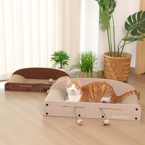 FUKUMARU 26 Inch Cat Scratcher Bed, 2 Reversible Cardboard Cat Scratch Pads Refill for Indoor Cats, Durable Large Cats Scratching Bed Sofa Couch Lounger with Fun Toys, Furniture Protector, Beige